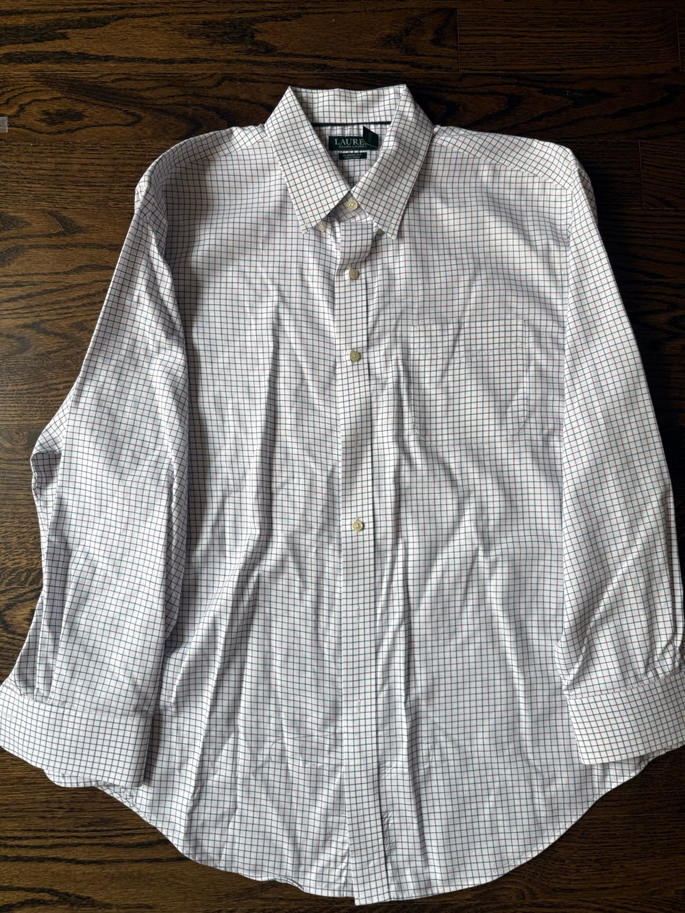 Ralph Lauren White Button-Up Dress Shirt with Blue and Red Check